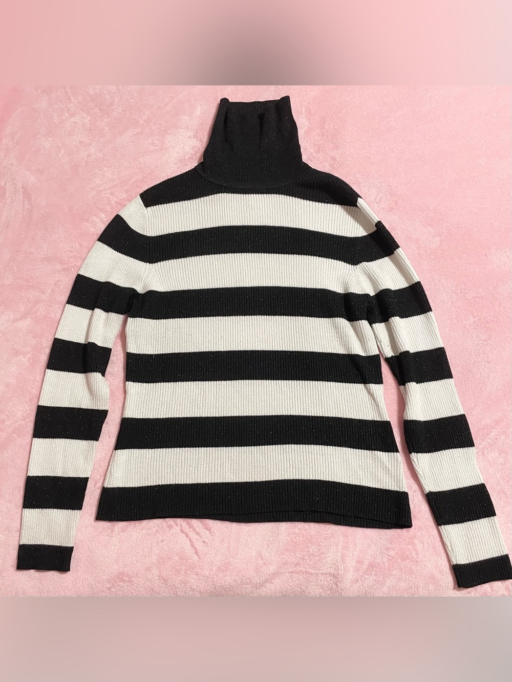 Women’s Black & White Striped Ribbed Knit Glitter Turtleneck Sweater Size Large